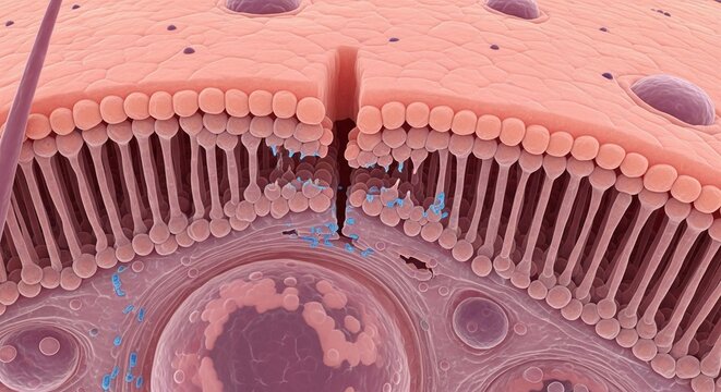 A scientific 3D illustration depicting Leaky Gut Syndrome, showcasing a compromised intestinal epithelial barrier and increased permeability
