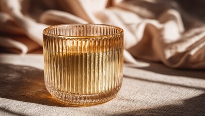 Golden glass candle holder on beige fabric