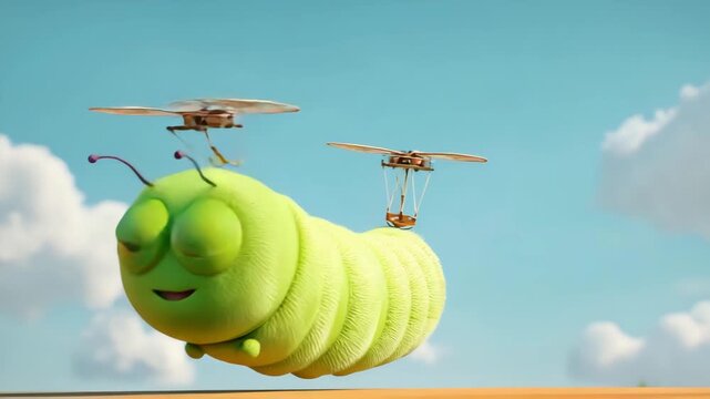 3D animated cartoon caterpillar flying with tiny propellers attached to antennae in cheerful lime sky
