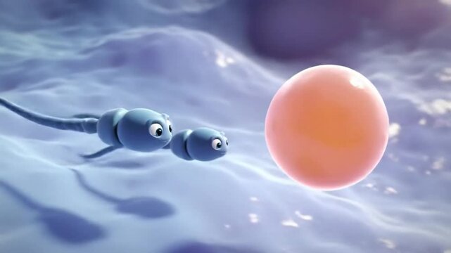 Animated Sperm Cells Approaching A Pink Egg Cell in Blue Fluid Environment Depicting Fertilization and Reproduction Process Animation with Cartoon Style, Scientific Theme Brightly Lit
