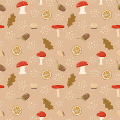 Warm Autumn Seamless Pattern with Oak Leaves and Forest Elements
