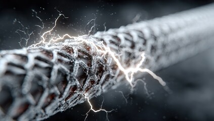 Close-up of a strand of fiber with electrical discharge