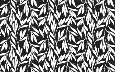 A seamless pattern of white leaves on a black background, with subtle textural elements adding depth to the design.