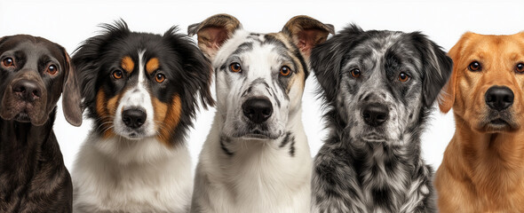 A group of five dogs of various breeds posing closely together in front of a white background studio shot