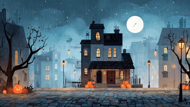Spooky autumnal town at night