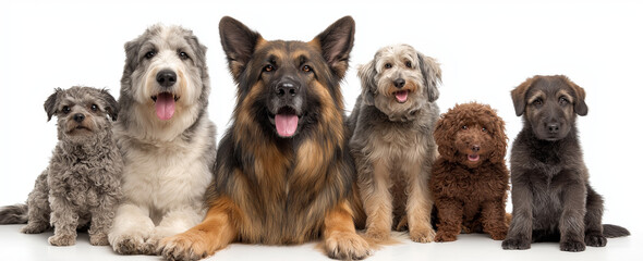 A group of six different dog breeds sitting together on a white background in a studio setting looking forward