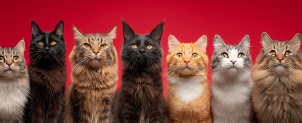 A group of seven cats of various colors sitting in a row against a solid red colored background wall