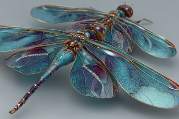 Ornate dragonfly, detailed wings,  teal & gold