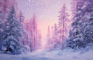 A serene winter landscape with snow covered trees and a gentle snowfall in soft pastel colors