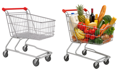 set of grocery cart on transparent background. cart full of products on transparent background. empty cart on transparent background