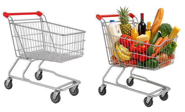 set of grocery cart on transparent background. cart full of products on transparent background. empty cart on transparent background