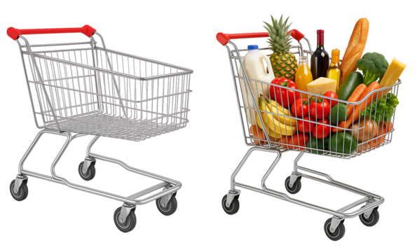 set of grocery cart on transparent background. cart full of products on transparent background. empty cart on transparent background
