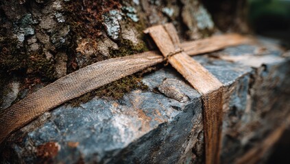 Close-up of a large, dark stone secured with brown straps.  Moss and bark are visible