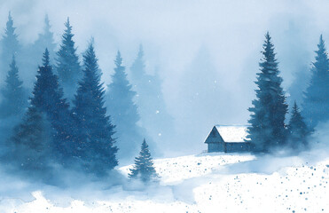 A watercolor painting of a snowy landscape with a cabin and tall pine trees in a winter scene view