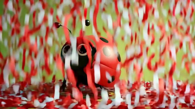 3D animated cartoon ladybug dancing mid-flight with party streamers in air and cheerful motion in fresh green background