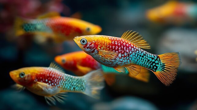A dynamic group of colorful molly fish mid-swim against a beautiful blue aquatic background