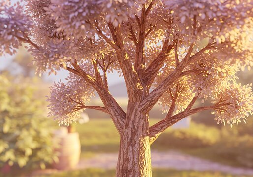 夕暮れの優しい光、３D木々の詩