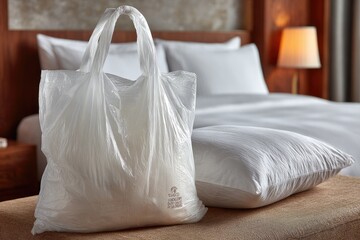 White plastic shopping bag on a bed