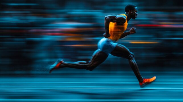 A powerful runner propels forward in a cityscape, showcasing speed and determination under glowing lights at night