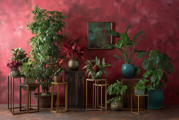 An indoor display of various potted plants on stands against a red textured wall and artwork behind
