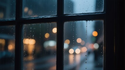 A moody and atmospheric close-up of raindrops on a window, creating a cozy and contemplative feeling, perfect as a background for quotes, blogs, or projects with a serene or melancholic theme.