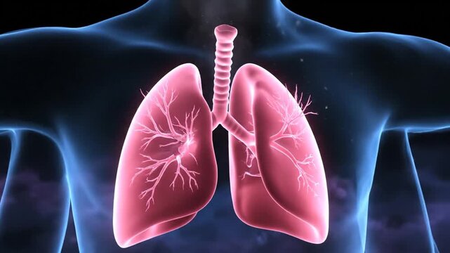 Detailed 3D Animation of Human Lungs in Pink within Transparent Blue Torso Against Black Background Showcasing Anatomy Structure and Function for Medical Visualization Perfect for Healthcare