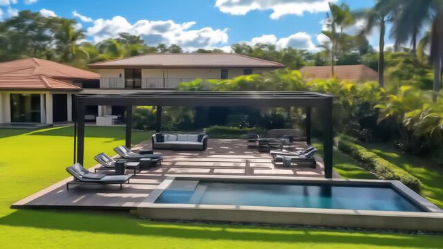 Aerial view of a luxurious villa with a pool and sun loungers surrounded by green lawn and tropical trees against a blue sky with clouds. Modern design, relaxation.