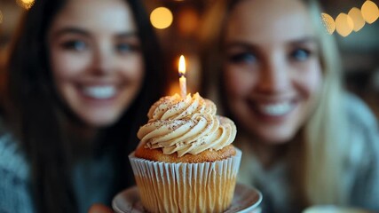 Smiling women with birthday cupcake and candle - Powered by Adobe