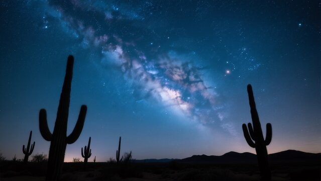 A breathtaking long-exposure style photo of the Milky Way over a desert, evoking a sense of wonder, astronomy, and the vastness of the universe, perfect for science content, travel blogs, and inspirat