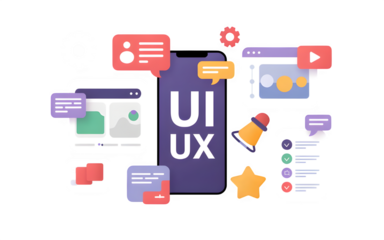 Collection of ui ux design elements and mobile app interfaces isolated on transparent background