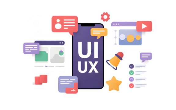 Collection of ui ux design elements and mobile app interfaces isolated on transparent background