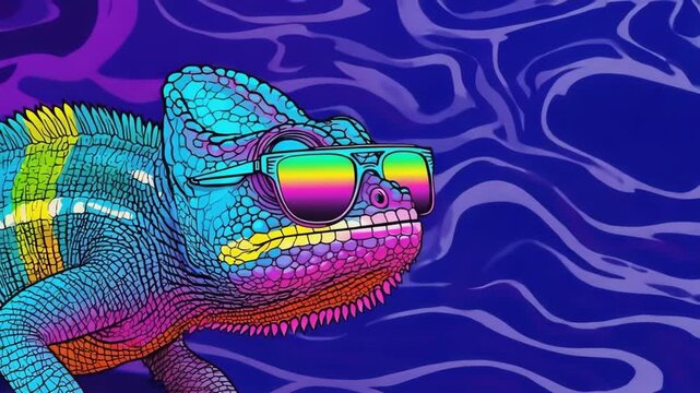 Vibrant and colorful chameleon wearing stylish sunglasses against a backdrop of wavy blue patterns creates a striking and fashionable image