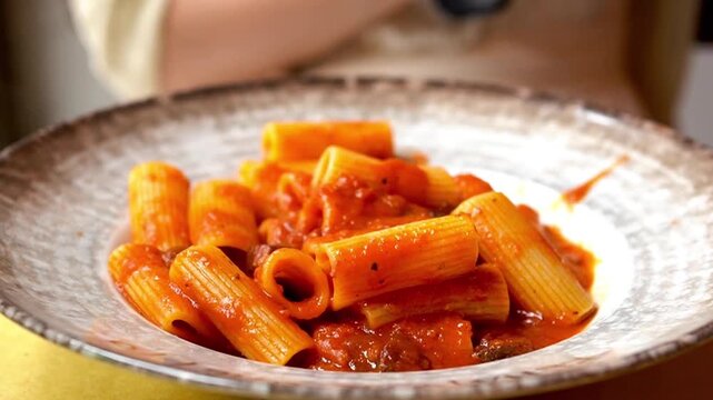 Zoom in on young tourist eating Rigatoni Amatriciana ( Rigatoni all&rsquo; Amatriciana)