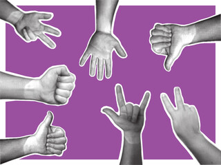 Halftone torn paper hands in various gesture, doodle collage element, arm sign or symbol, finger touch, retro pop art comic sticker with business infographic icon.