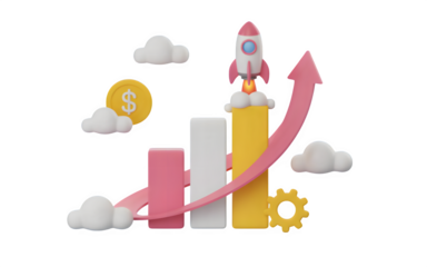 3d rocket launching from bar chart with upward trend arrow and clouds isolated on transparent background