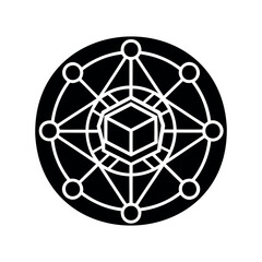 Geometric design with a cube at its center, forming a complex network