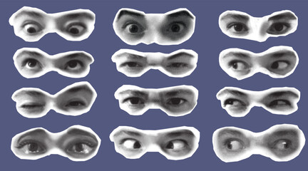 Halftone eyes in different emotions anger, love, shock, disappointment. Surreal Black and White Collage of Eyes isolated on blue background