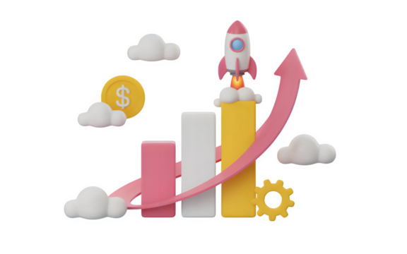 3d rocket launching from bar chart with upward trend arrow and clouds isolated on transparent background - Powered by Adobe