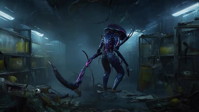 Menacing xenomorph lurking among debris and shattered containment units in a derelict laboratory, its bioluminescent exoskeleton glowing ominously in the dim light