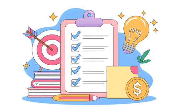 Business growth strategy with checklist target and lightbulb ideas isolated on transparent background