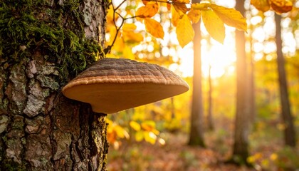 Fomes fomentarius. A tough, woody shelf fungus growing on the side of a tree, its concentric growth rings and leathery texture standing in stark contrast to the soft leaves of autumn.
