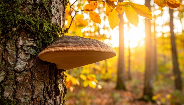 Fomes fomentarius. A tough, woody shelf fungus growing on the side of a tree, its concentric growth rings and leathery texture standing in stark contrast to the soft leaves of autumn.