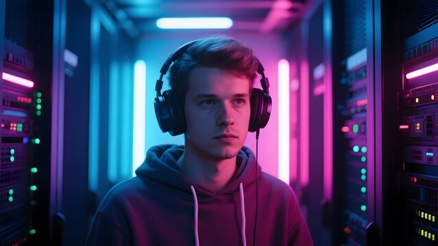 A young individual wearing headphones stands in a server room illuminated by neon lights.