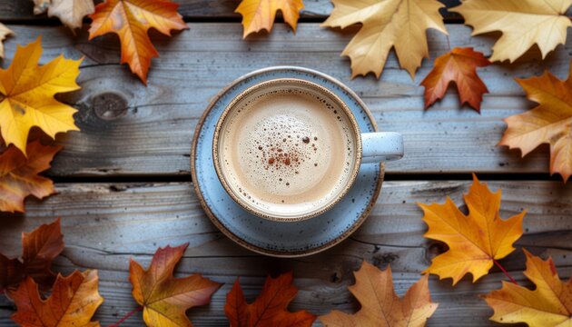 Autumn Leaves and Coffee Mug. A flat lay of autumn leaves surrounding a steaming cup of hot cocoa or coffee. A perfect image for seasonal marketing and cozy fall vibes.