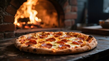 Freshly Baked Pepperoni Pizza in Front of a Brick Oven