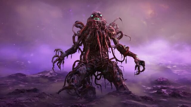 Gigantic alien monster with tentacles emerging from purple nebula clouds in a dramatic and eerie scene, perfect for science fiction, fantasy, and horror projects