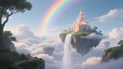 Enchanted Castle on a Floating Island with Rainbow and Waterfall