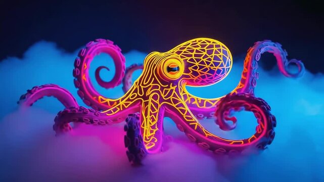 Vibrant neon octopus with glowing tentacles emerges from a colorful smoke cloud, creating a surreal and otherworldly scene with a dark blue background