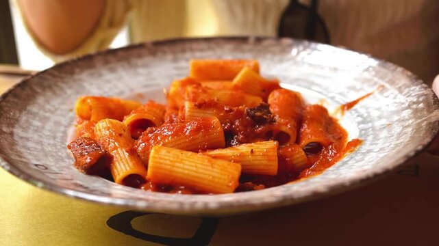 A young traveler eating Rome's famous pasta, Rigatoni Amatriciana ( Rigatoni all&rsquo; Amatriciana) 