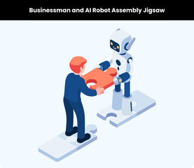 Businessman and AI Robot Assembly Jigsaw